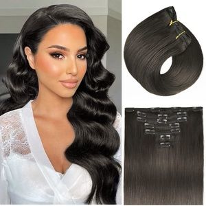 Hair Extensions Real Human Hair, 16 Inch 125g 7pcs Soft Dark Brown Hair